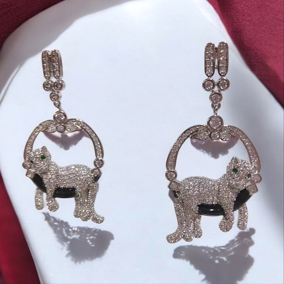 Luxury Lounging Panther Panthere Rhodium Pave Crystal Earrings - Picture 4 of 6